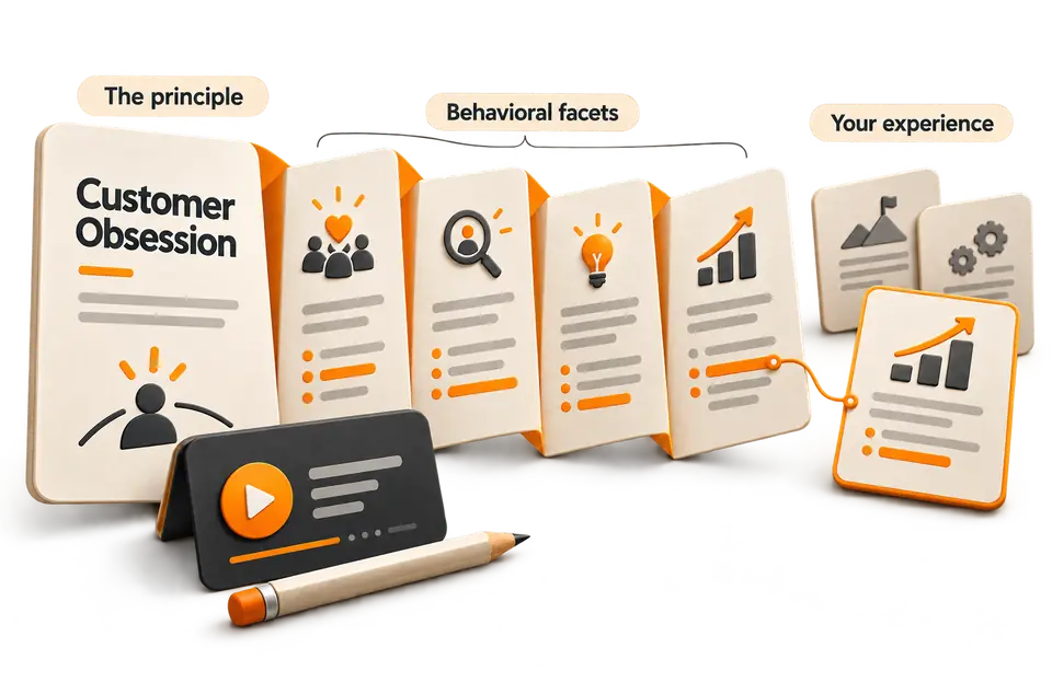 A Customer Obsession guide unfolds to reveal multiple behavioral facets. A course lesson explains the detail, and one facet connects to a matching example from the candidate’s experience.
